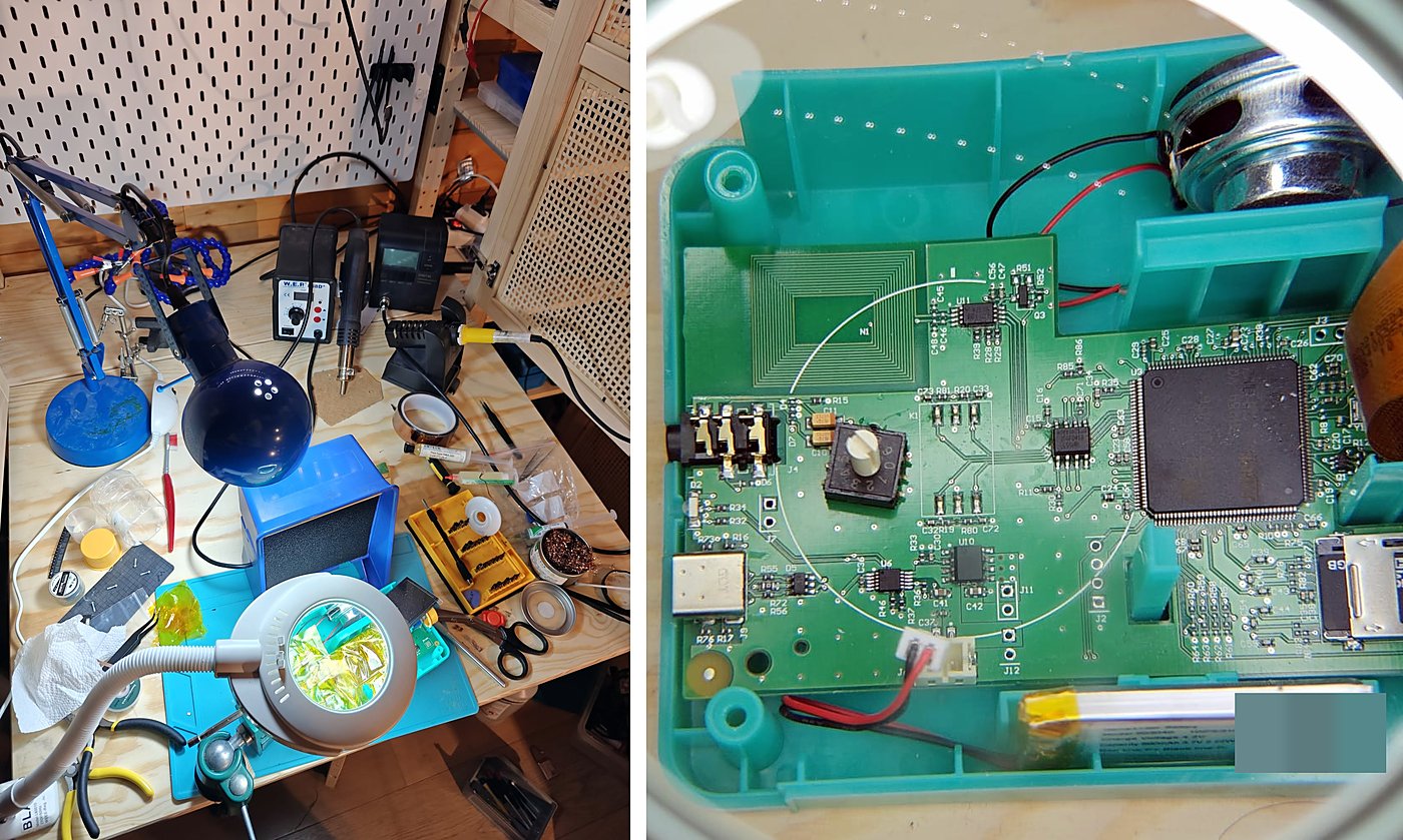 Left: the electronics bench with a hot air station, soldering station, fume extractor and a magnifier lamp. Right: the Lunii board seen through the magnifier lens, the USB-C connector at lower left
