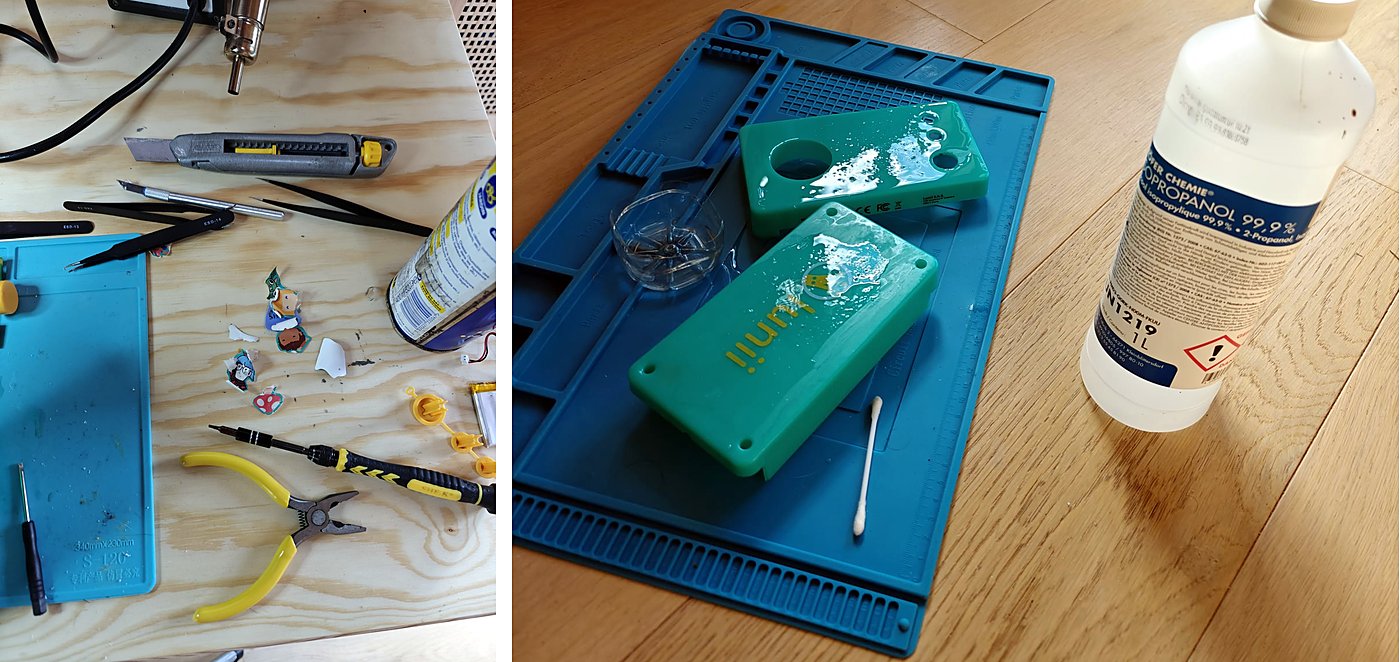 Left: peeled-off character stickers on the bench next to a hot air gun, a scalpel, tweezers and pliers. Right: the two turquoise shell halves drying on the silicone mat next to a one litre bottle of 99.9 percent isopropanol