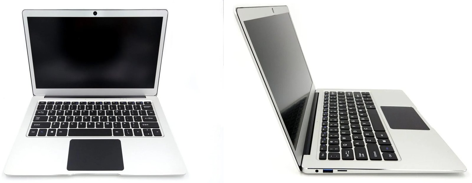The Jumper EZbook, a thin silver 13 inch netbook, seen from the front and in profile
