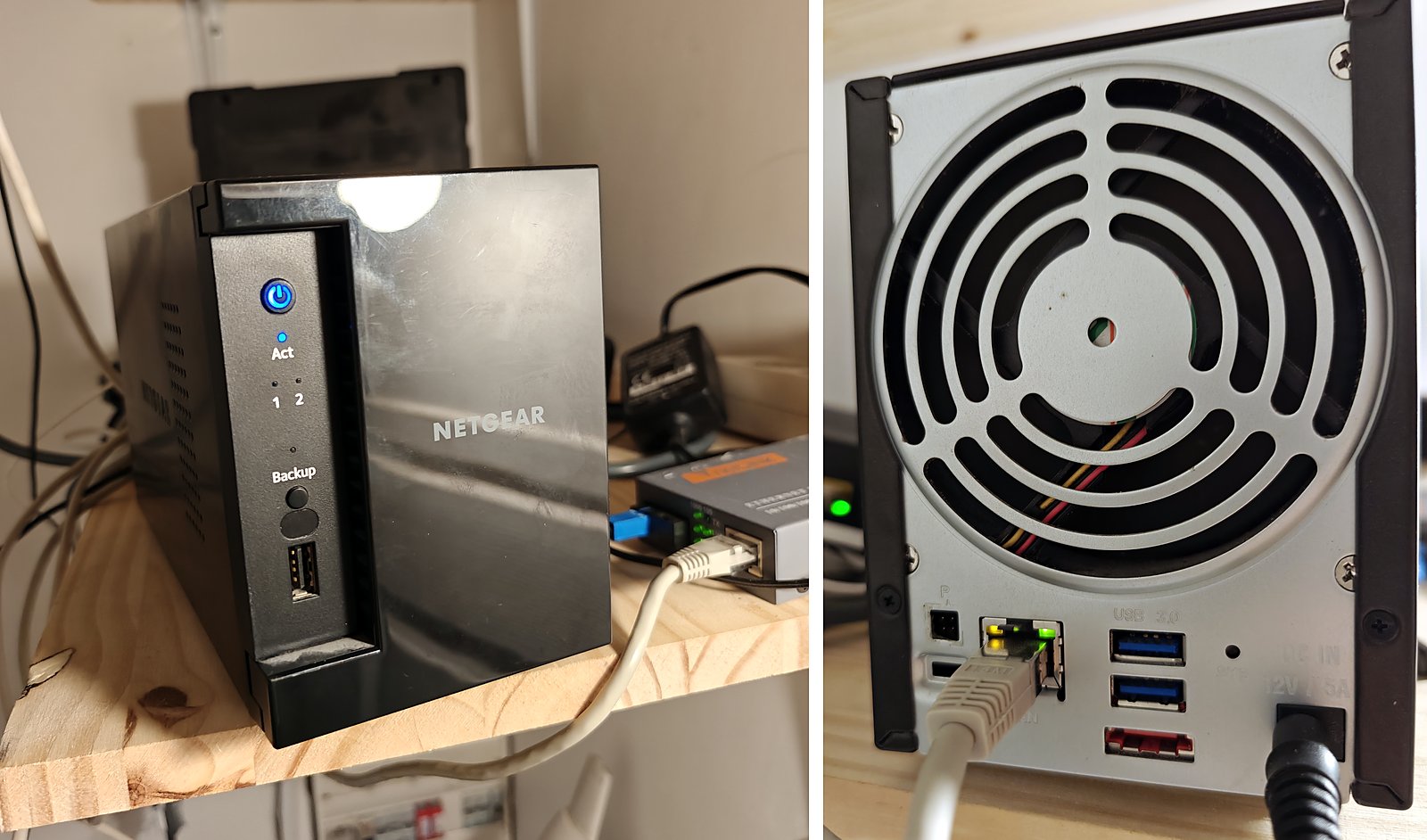 The ReadyNAS RN102 on its shelf: the front with power button, activity and disk LEDs and a USB port; the back with the large fan grille, Ethernet, two USB 3.0 ports and the 12 V input