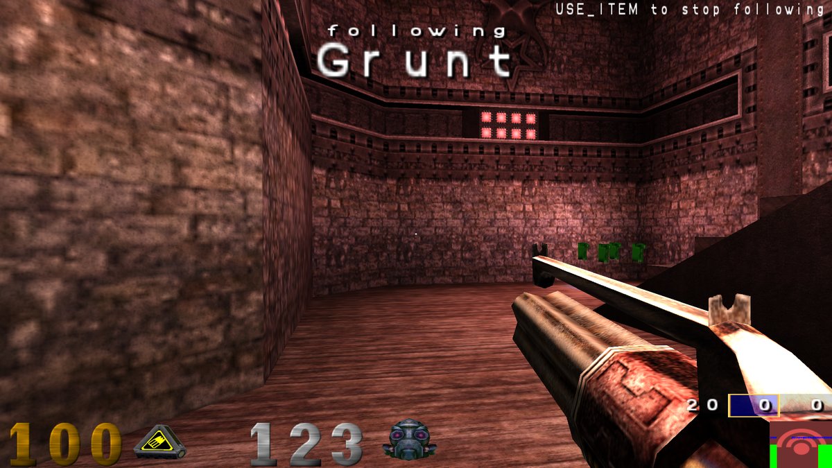 OpenArena on the EZbook, spectating the bot Grunt in a stone corridor