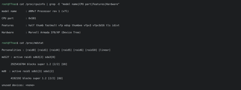 ARMv7 core part 0x581 and the RAID1 array [UU], as the kernel reports them