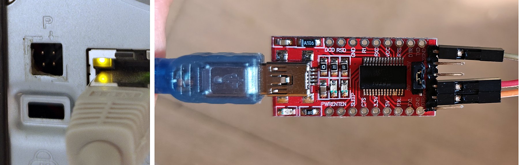 Left: the four pin serial header on the back of the RN102, next to the Ethernet jack. Right: a red FT232R USB-UART board with jumper wires on TX, RX and GND