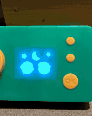 Animated, silent: the finished custom story playing on the Lunii, a night-time opening screen with stars and a moon, then a place to choose, then a companion