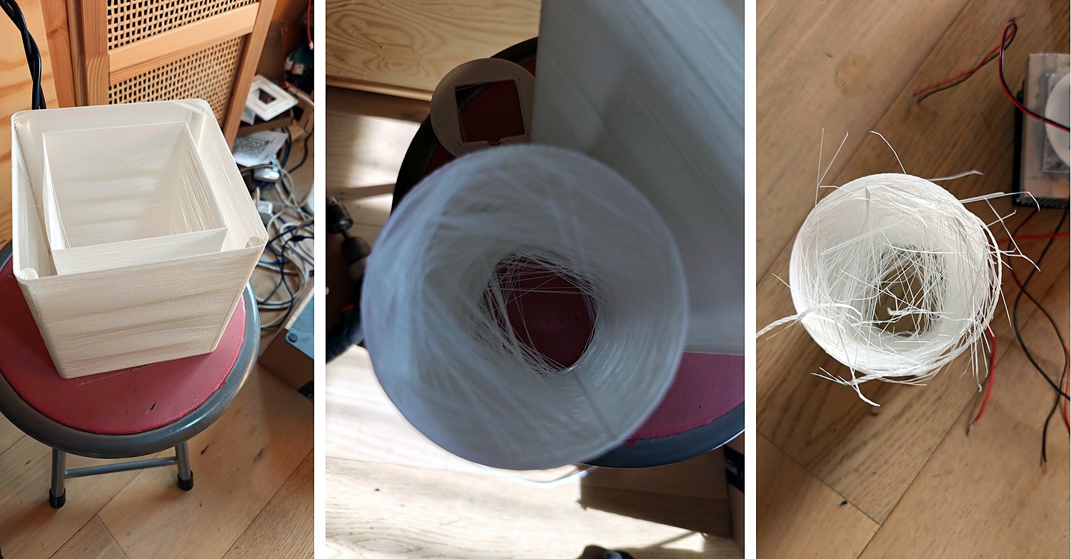 Three photos of the first attempt in white plastic: a thin double-wall box, a printed tube seen from above full of strings, and a ball of white strings pulled out of it