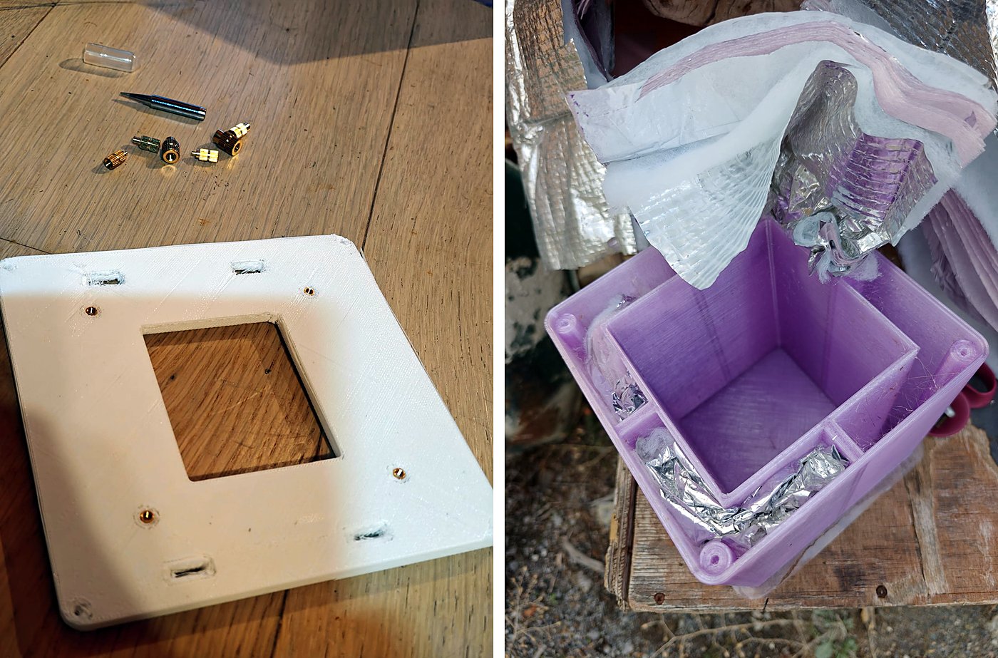 Left: the white roof with four brass inserts and spare inserts on the table. Right: the purple box seen from above with aluminium foil in the cavity