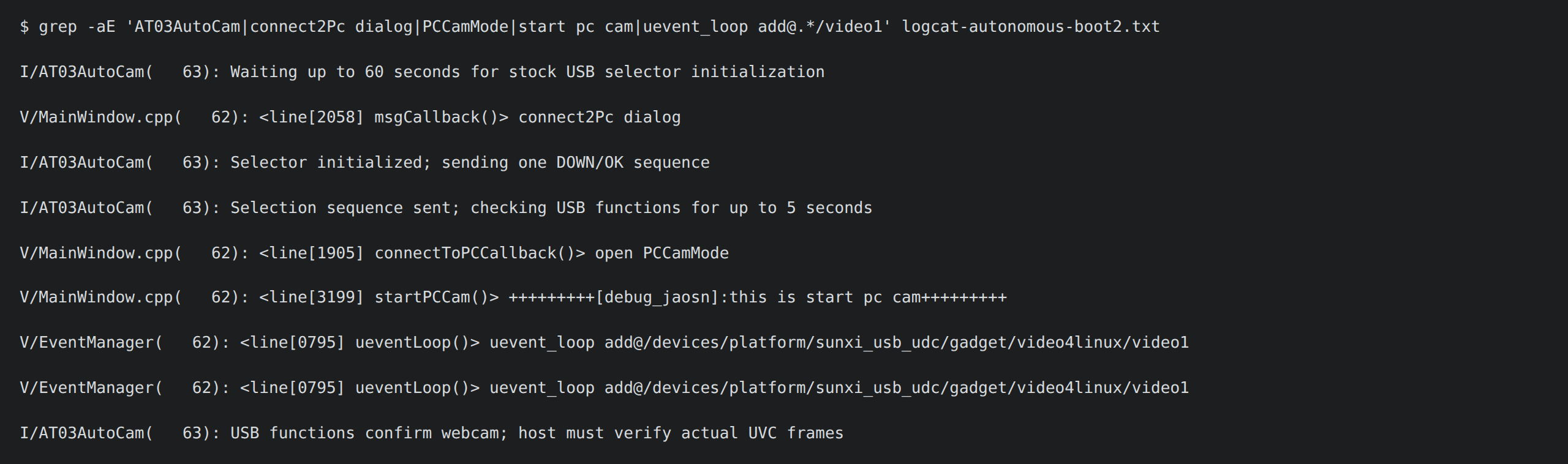 Terminal output filtered from the camera log: the stock app opens the connect2Pc dialog, the AT03AutoCam helper sends one DOWN/OK sequence, the app opens PCCamMode and starts the PC camera, then the video device appears