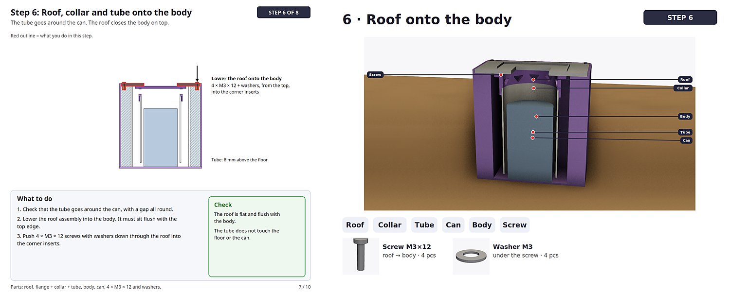 Step 6 of the manual twice: on the left a flat schematic page, on the right a 3D render of the box cut in half with labelled parts