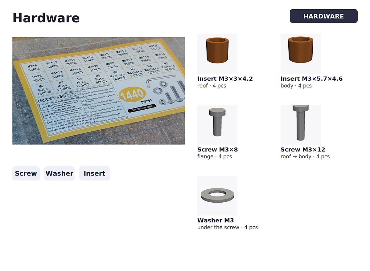 A manual page called Hardware: a photo of a box of screws, and 3D drawings of the two inserts, the M3 screws and the washer, with their sizes