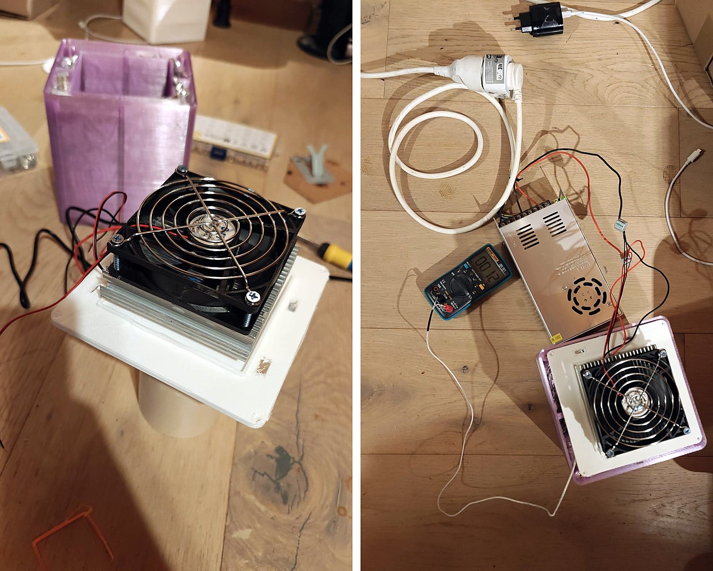 Left: the Peltier kit with its big fan on the white roof, resting on the white pipe. Right: the kit on its roof, a power supply, a multimeter and cables on the floor