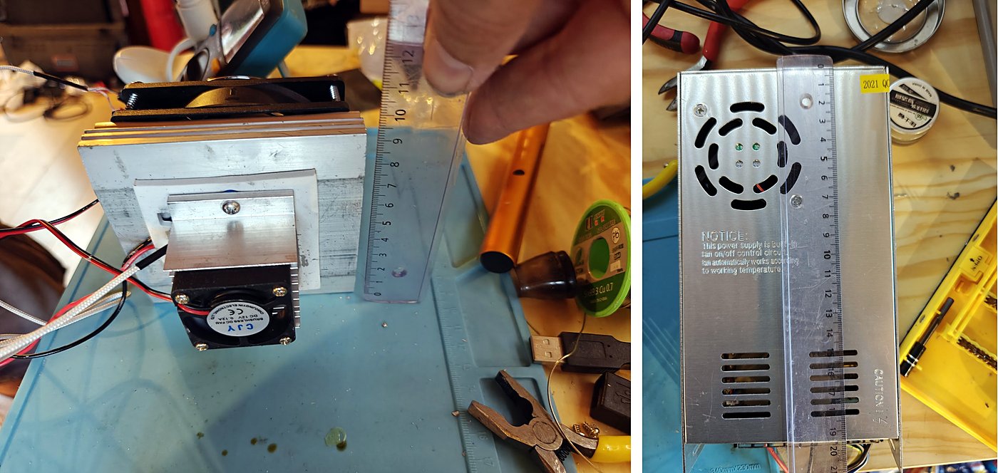 Two photos with a ruler: the cold block and its small fan seen from the side, and the power supply seen from above