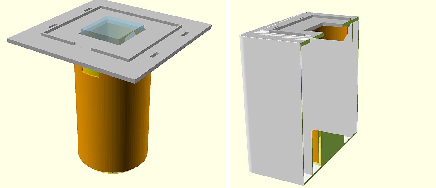 Two OpenSCAD previews: the roof with the kit window above a can, and a cut-away of the box