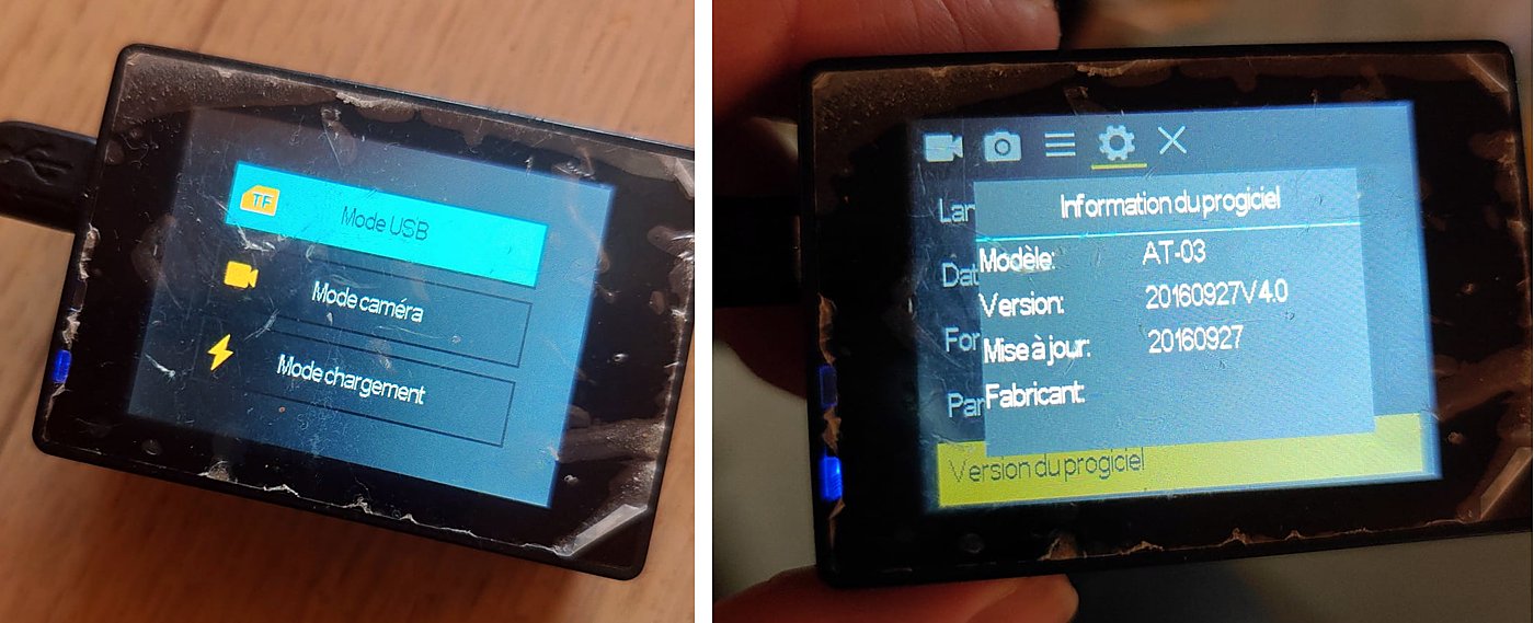 Left: the AT-03 screen with the menu Mode USB, Mode caméra, Mode chargement. Right: the firmware information screen: model AT-03, version 20160927V4.0