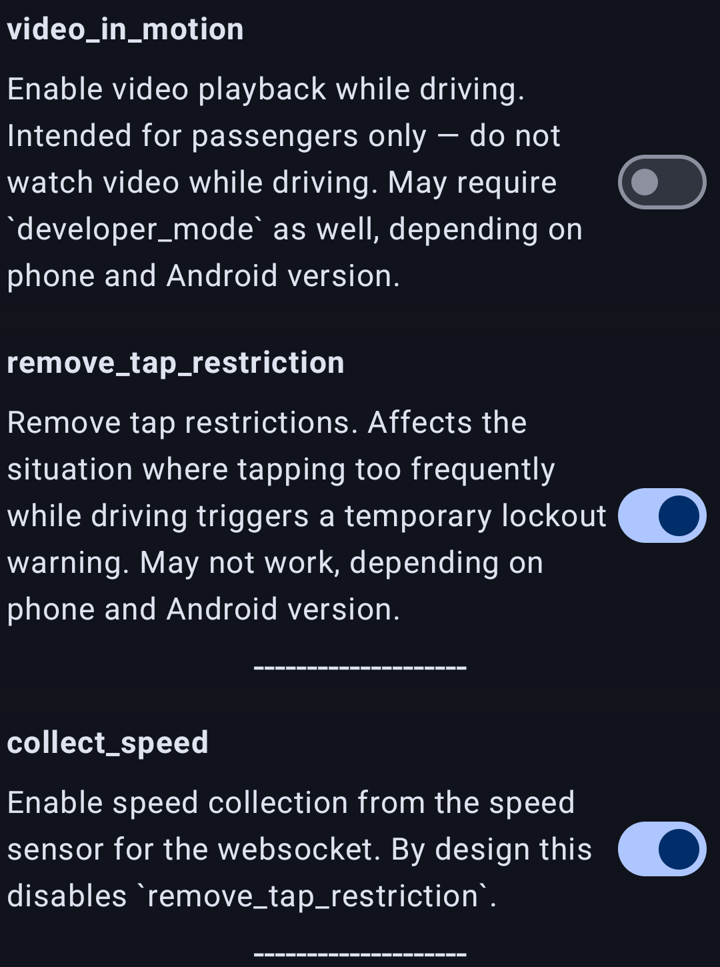 The aa-proxy companion app on the phone, connected to the Pi: video_in_motion switched off, remove_tap_restriction on, collect_speed on, whose help text says it disables remove_tap_restriction by design