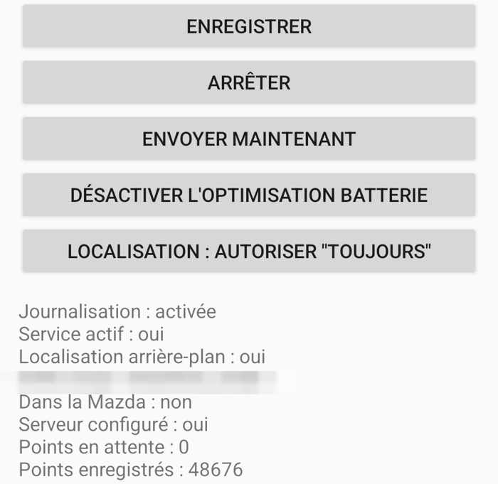 The trip logger plugin on the phone: buttons to save, stop, send now, disable battery optimisation and allow location always, then the status: logging on, service running, background location yes, in the Mazda no, server configured yes, 0 points waiting, 48676 points recorded