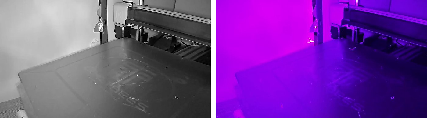 Two frames of the printer bed from the same camera: one in grey, one fully purple